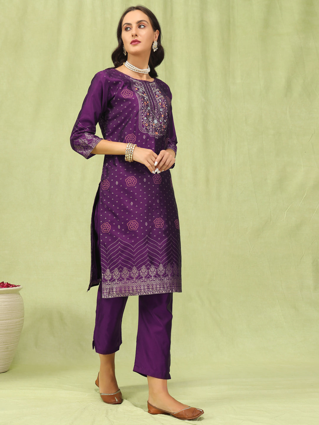 Dhiyona VV Heera Purple Women Cotton Silk Blend Straight Suit Set with Handwork