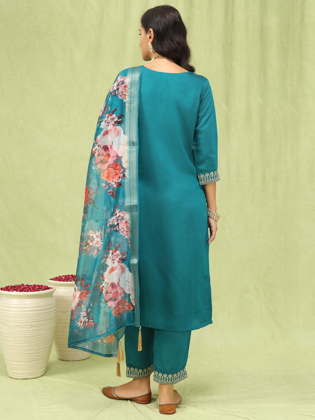 Dhiyona VV Gauri Womens Viscose Roman Silk Embroidery Straight Kurta Pant with Dupatta Set