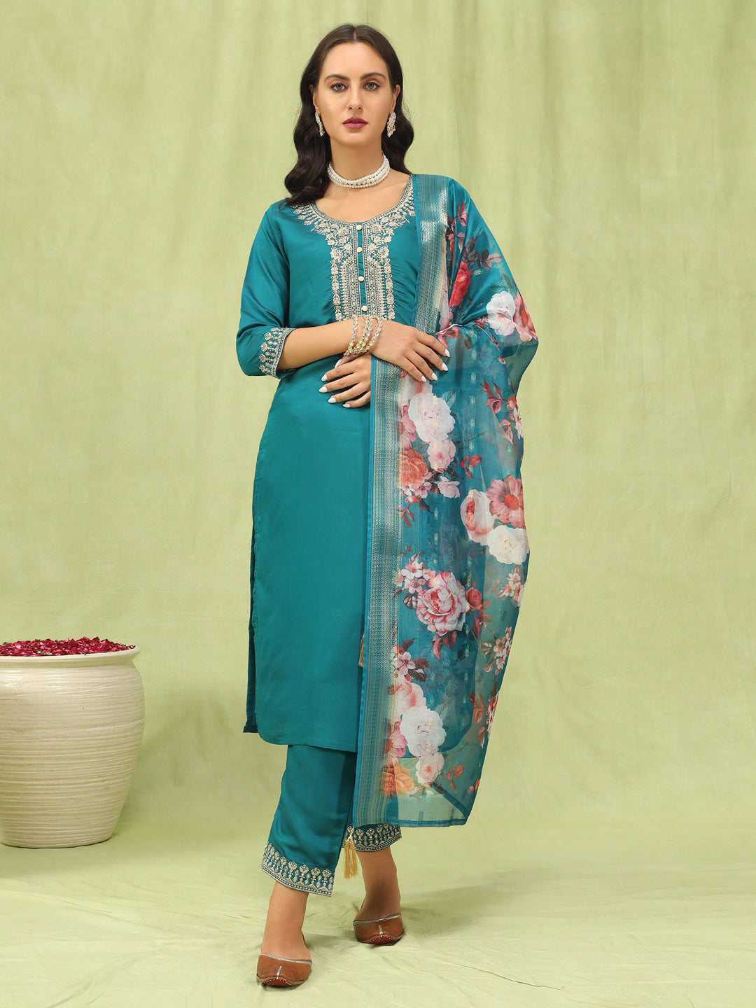 Dhiyona VV Gauri Womens Viscose Roman Silk Embroidery Straight Kurta Pant with Dupatta Set