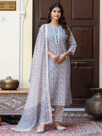 Dhiyona VV Women Cotton Blend Kurta Pant Dupatta Set