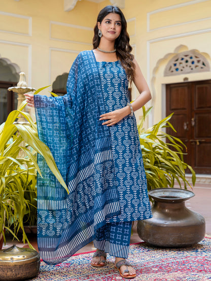 Dhiyona VV Women Cotton Blend Kurta Pant Dupatta Set