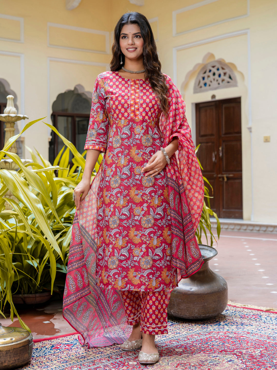 Dhiyona VV Women Cotton Blend Kurta Pant Dupatta Set