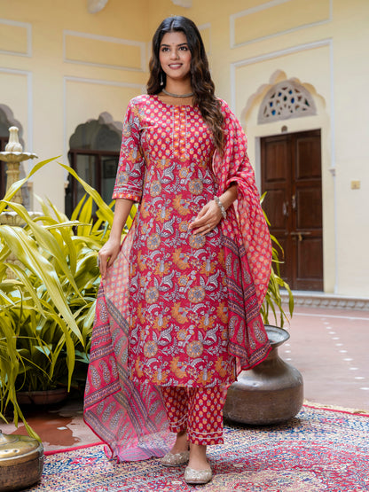 Dhiyona VV Women Cotton Blend Kurta Pant Dupatta Set