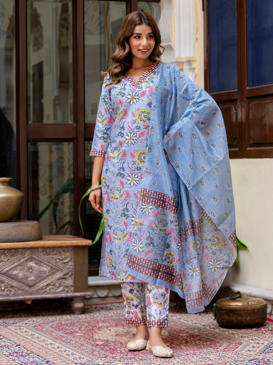 Dhiyona VV Women Cotton Blend Kurta Pant Dupatta Set