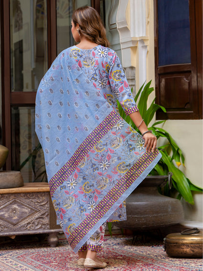 Dhiyona VV Women Cotton Blend Kurta Pant Dupatta Set