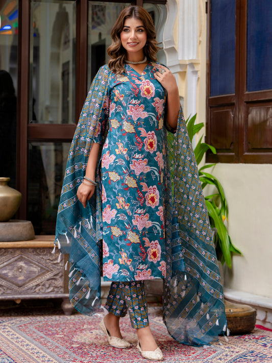 Dhiyona VV Women Cotton Blend Kurta Pant Dupatta Set