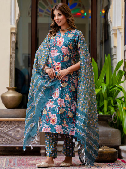 Dhiyona VV Women Cotton Blend Kurta Pant Dupatta Set