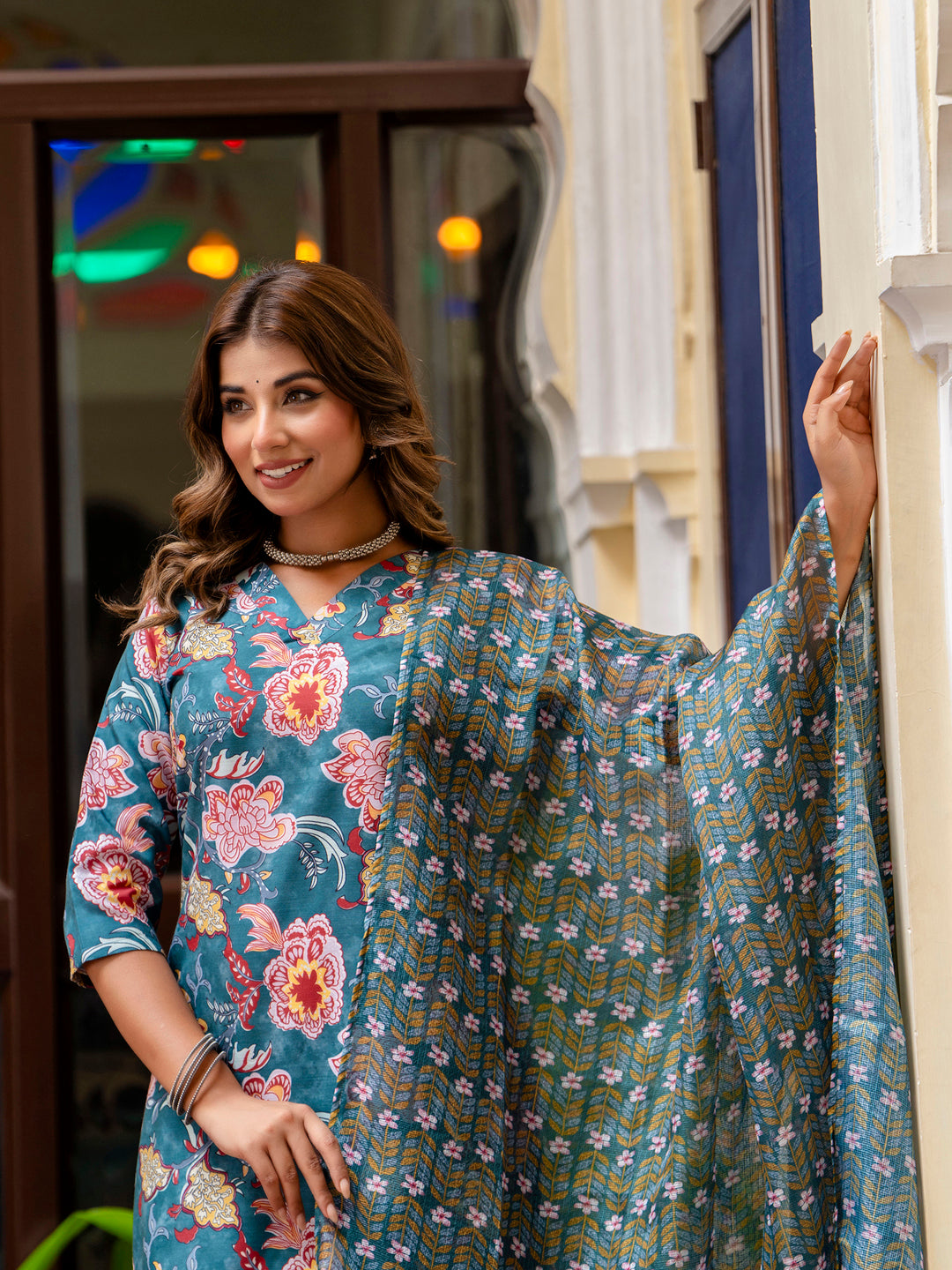 Dhiyona VV Women Cotton Blend Kurta Pant Dupatta Set
