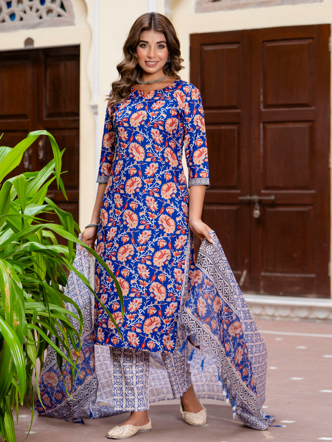 Dhiyona VV Women Cotton Blend Kurta Pant Dupatta Set