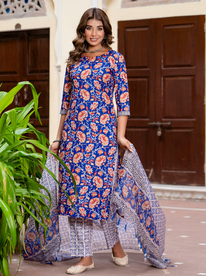 Dhiyona VV Women Cotton Blend Kurta Pant Dupatta Set