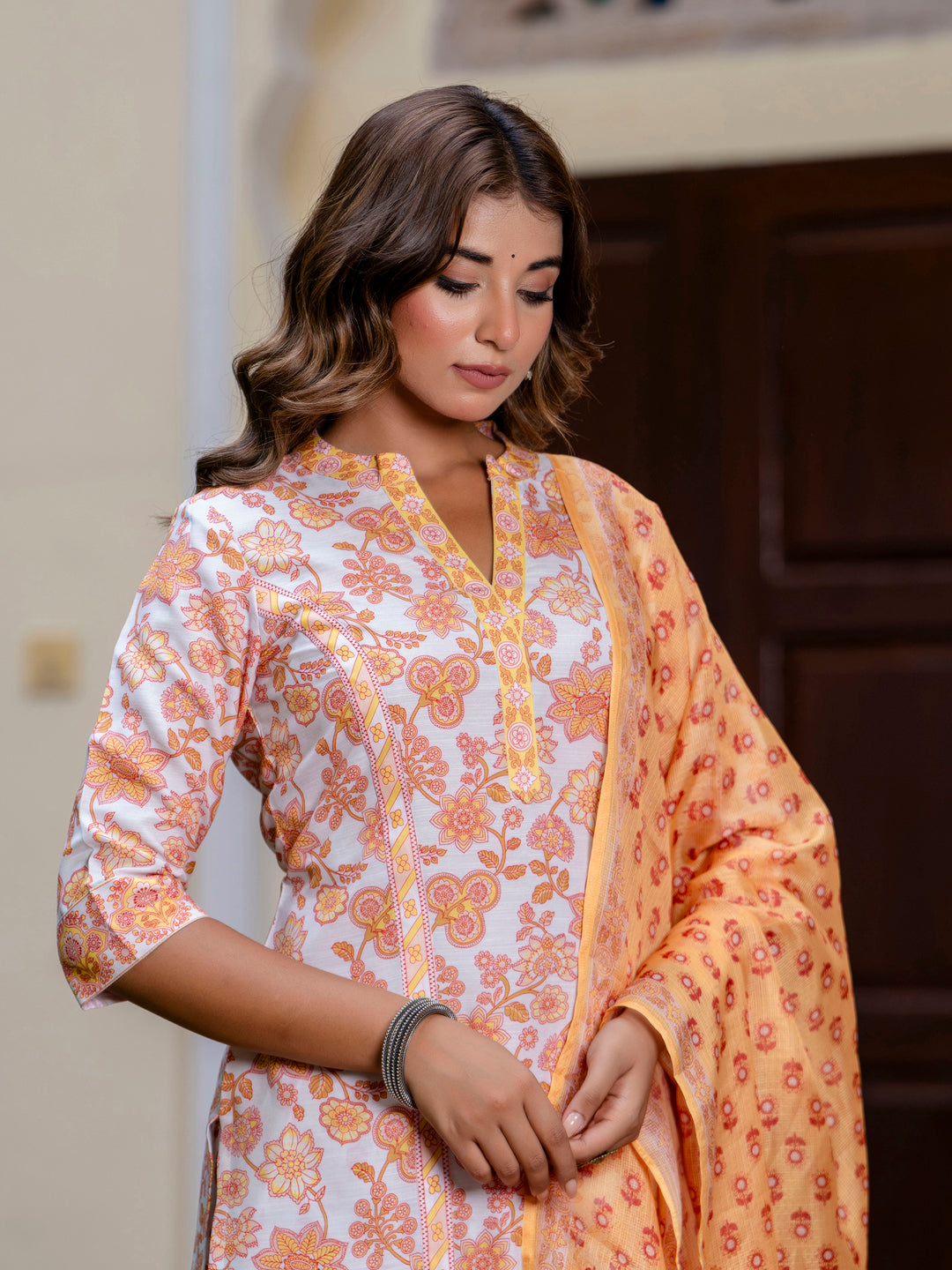 Dhiyona VV Women Cotton Blend Kurta Pant Dupatta Set