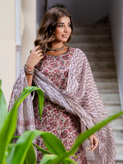 Dhiyona VV Women Cotton Blend Kurta Pant Dupatta Set