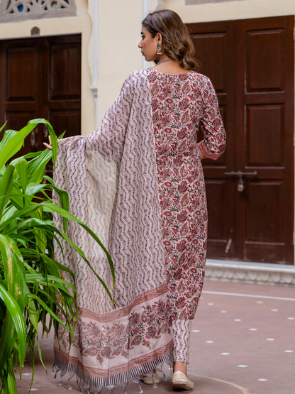 Dhiyona VV Women Cotton Blend Kurta Pant Dupatta Set