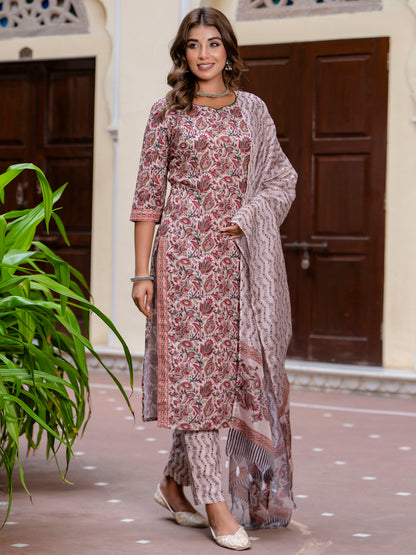 Dhiyona VV Women Cotton Blend Kurta Pant Dupatta Set