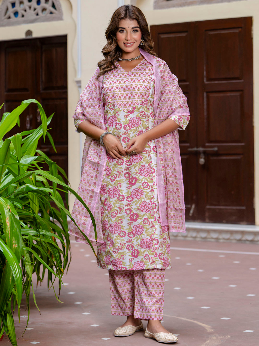 Dhiyona VV Women Cotton Blend Kurta Pant Dupatta Set