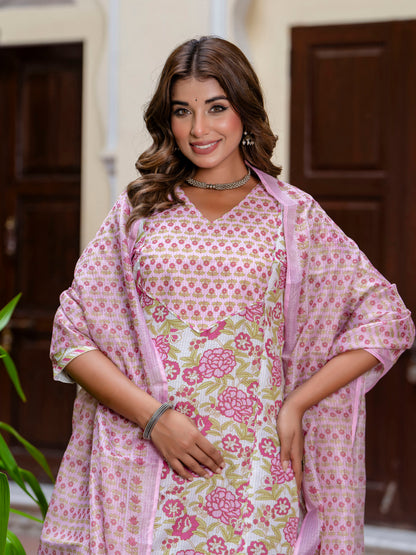 Dhiyona VV Women Cotton Blend Kurta Pant Dupatta Set
