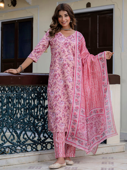 Dhiyona VV Women Cotton Blend Kurta Pant Dupatta Set