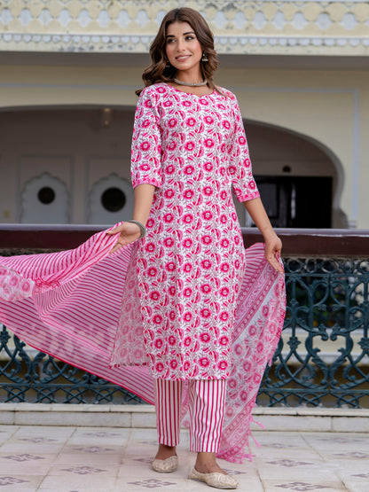 Dhiyona VV Women Cotton Blend Kurta Pant Dupatta Set