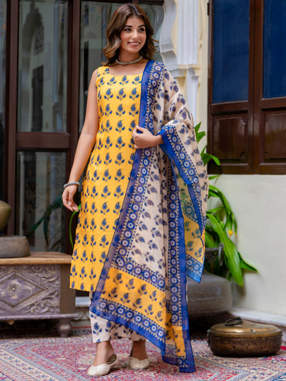 Dhiyona VV Women Cotton Blend Kurta Pant Dupatta Set