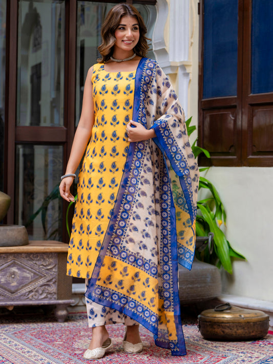 Dhiyona VV Women Cotton Blend Kurta Pant Dupatta Set