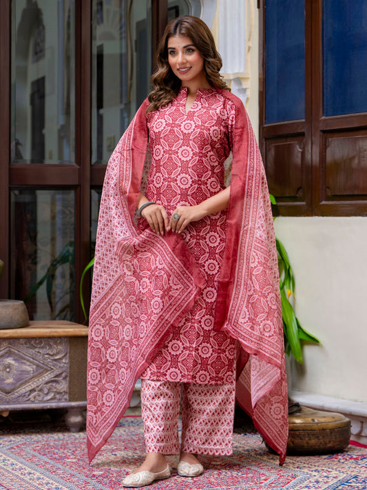 Dhiyona VV Women Cotton Blend Kurta Pant Dupatta Set