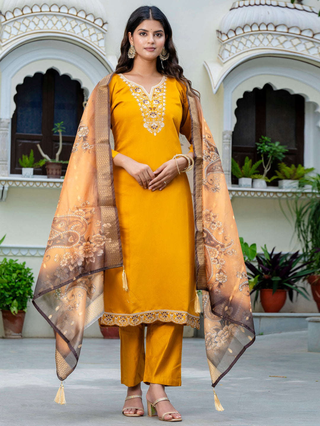 Dhiyona VV Women's Embroidered Silk Blend Calf Length Straight Kurta Trouser with Dupatta Set