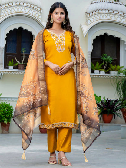 Dhiyona VV Women's Embroidered Silk Blend Calf Length Straight Kurta Trouser with Dupatta Set