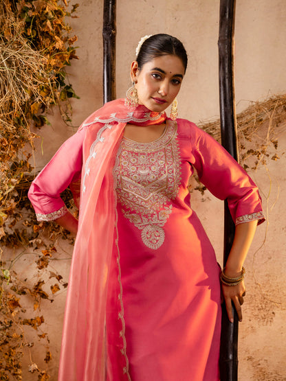 Dhiyona VV Women's Embroidered Silk Blend Calf Length Straight Kurta Trouser with Dupatta Set