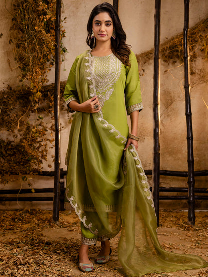 Dhiyona VV Women's Embroidered Silk Blend Calf Length Straight Kurta Trouser with Dupatta Set