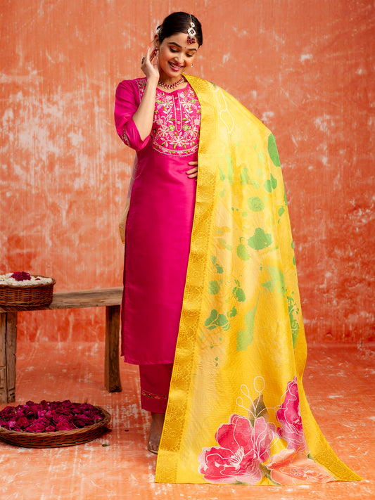 Dhiyona VV Women Silk Blend Kurta Pant Dupatta Set