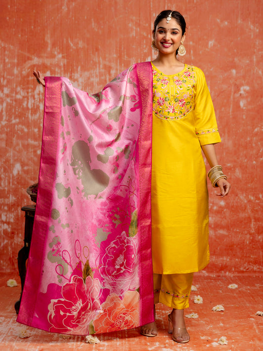 Dhiyona VV Cotton Silk Kurta Set Elegant Embroidered Ready to Wear Outfit with Dupatta