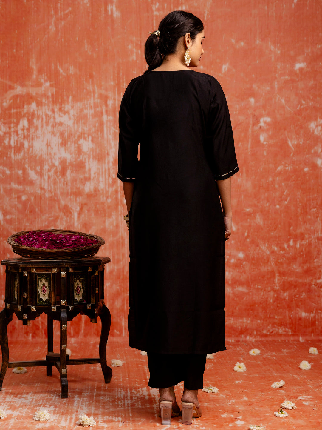 Dhiyona VV Embroidery Straight Black Kurta & Pant with Dupatta Set