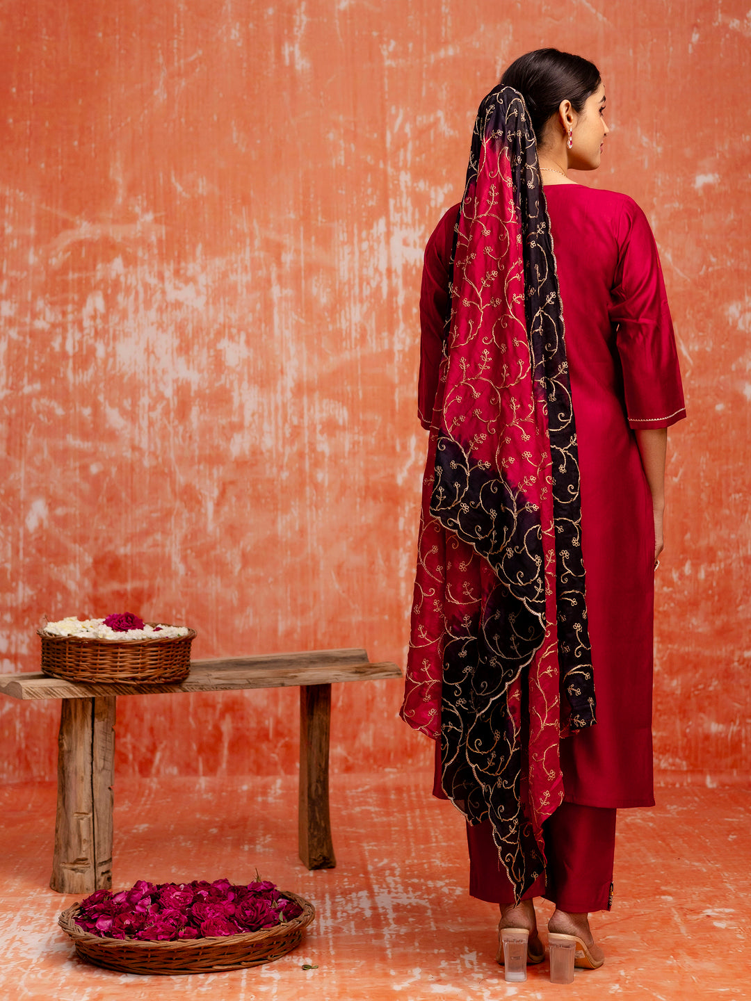 Dhiyona VV Embroidery Straight Maroon Kurta & Pant with Dupatta Set