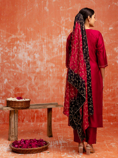 Dhiyona VV Embroidery Straight Maroon Kurta & Pant with Dupatta Set