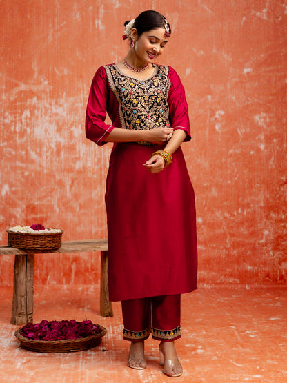 Dhiyona VV Embroidery Straight Maroon Kurta & Pant with Dupatta Set