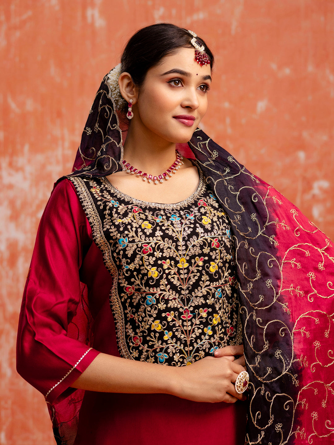 Dhiyona VV Embroidery Straight Maroon Kurta & Pant with Dupatta Set