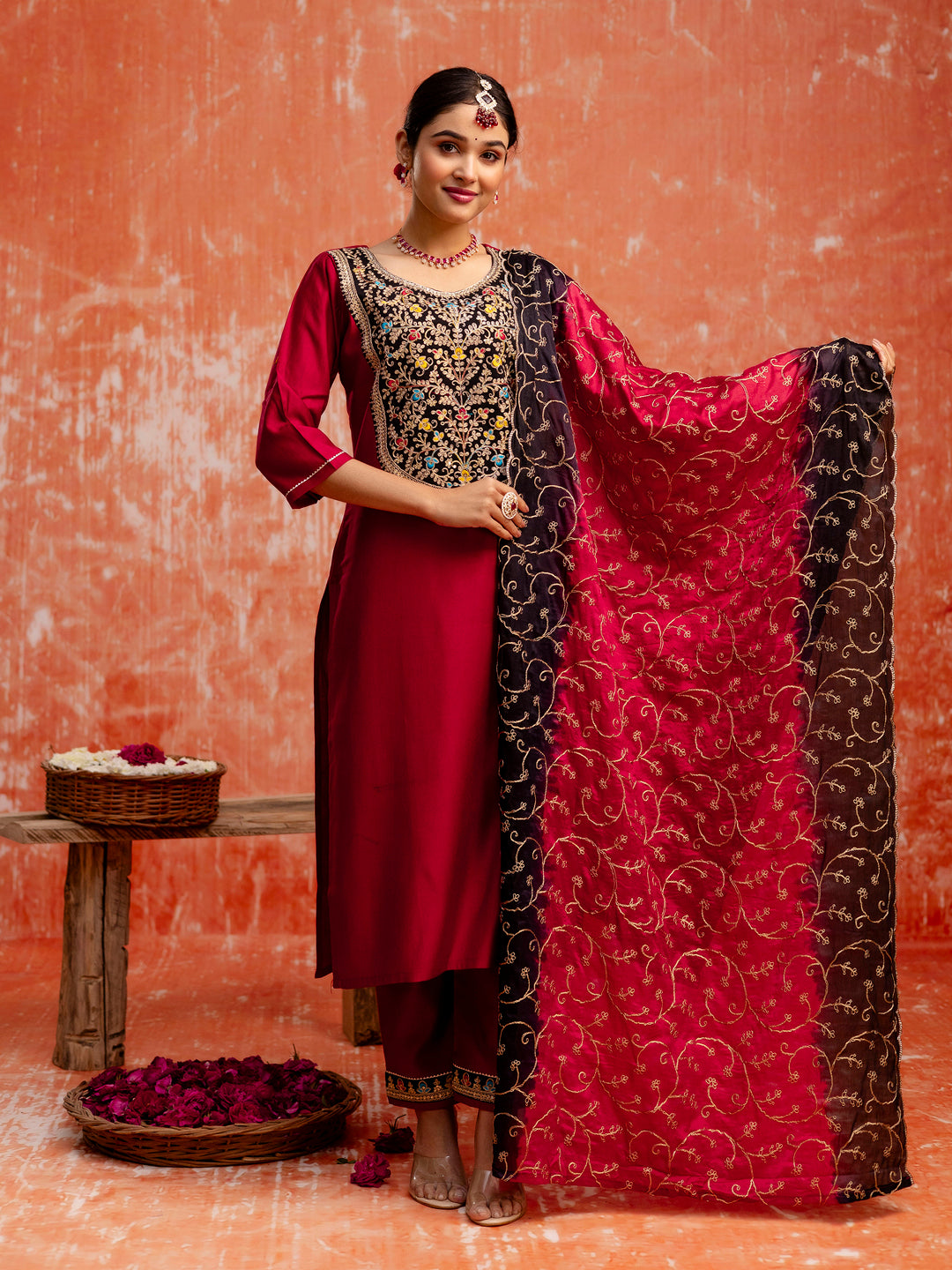 Dhiyona VV Embroidery Straight Maroon Kurta & Pant with Dupatta Set