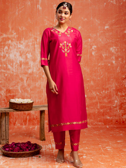 Dhiyona VV Kaily Pink Silk Embroidered Kurta with Trousers & Dupatta Suits