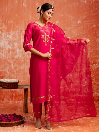 Dhiyona VV Kaily Pink Silk Embroidered Kurta with Trousers & Dupatta Suits