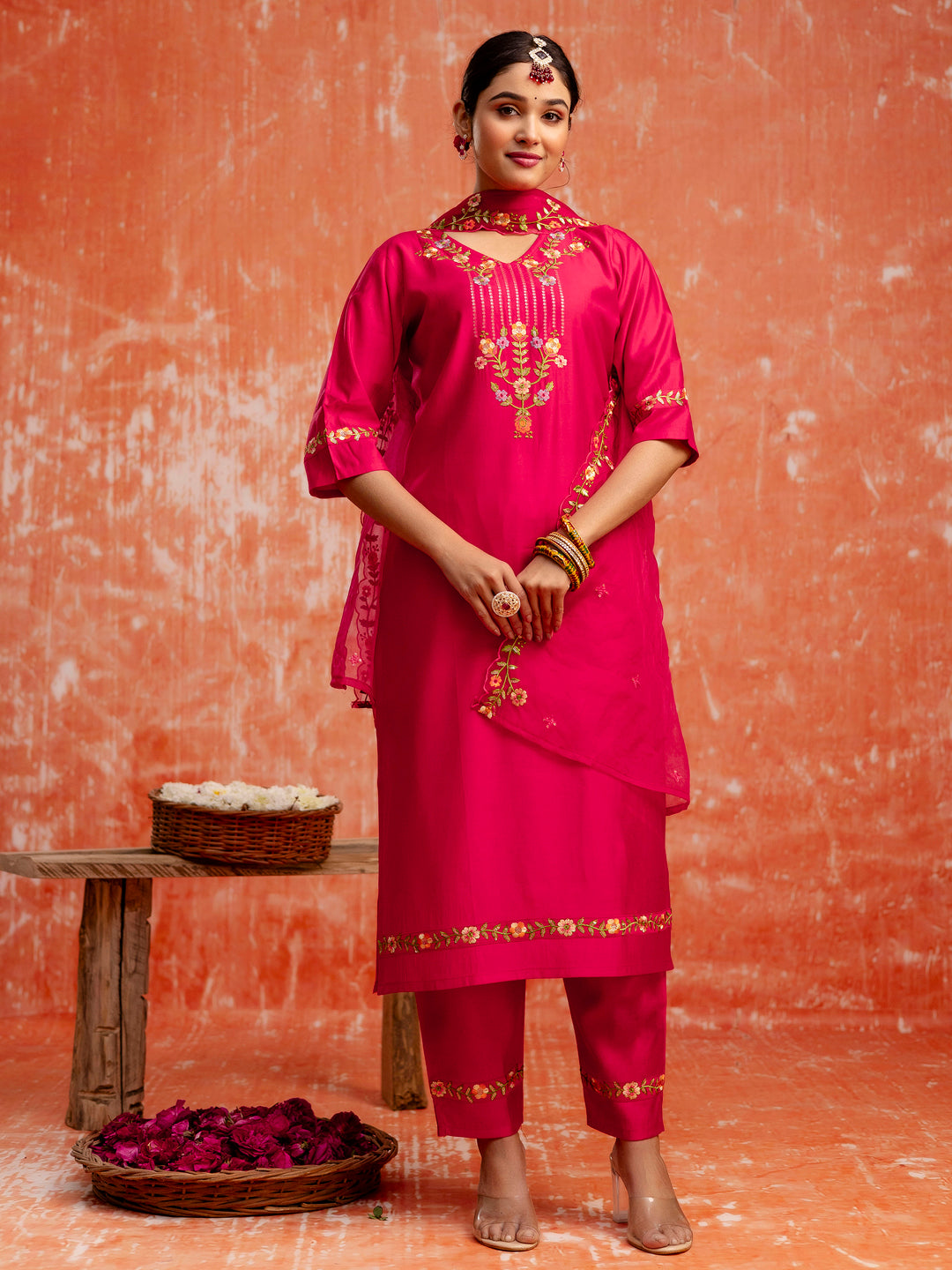 Dhiyona VV Kaily Pink Silk Embroidered Kurta with Trousers & Dupatta Suits