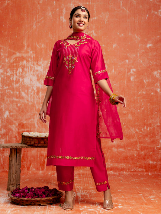 Dhiyona VV Kaily Pink Silk Embroidered Kurta with Trousers & Dupatta Suits