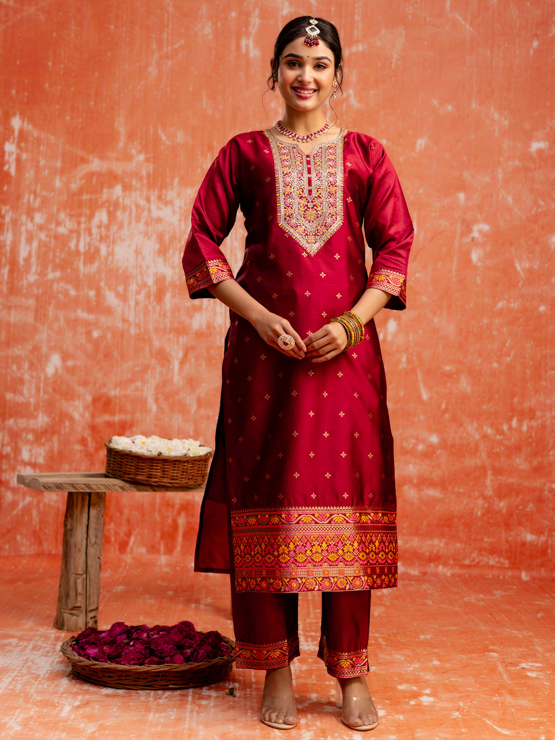 Dhiyona VV Suchitra Women Maroon Yoke Design Silk Blend Straight Suit With Dupatta