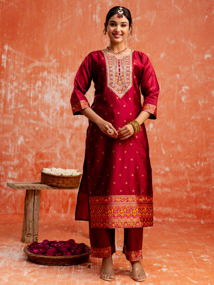 Dhiyona VV Suchitra Women Maroon Yoke Design Silk Blend Straight Suit With Dupatta