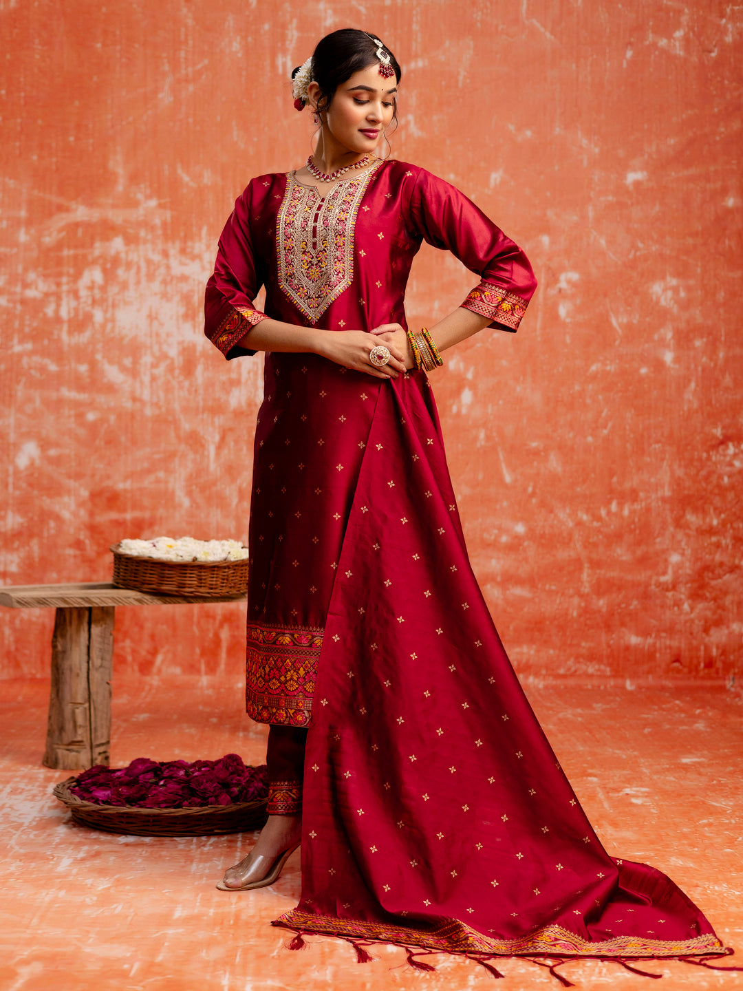 Dhiyona VV Suchitra Women Maroon Yoke Design Silk Blend Straight Suit With Dupatta