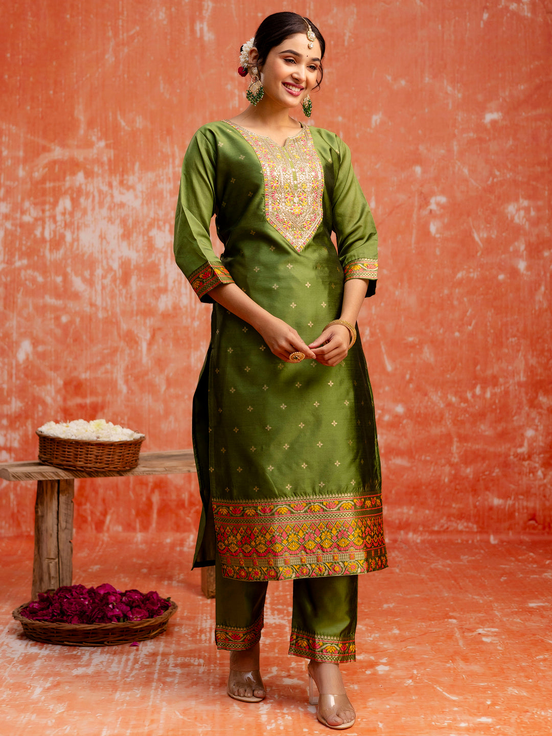 Dhiyona VV Jiya Women Mehndi Yoke Design Silk Blend Straight Suit With Dupatta