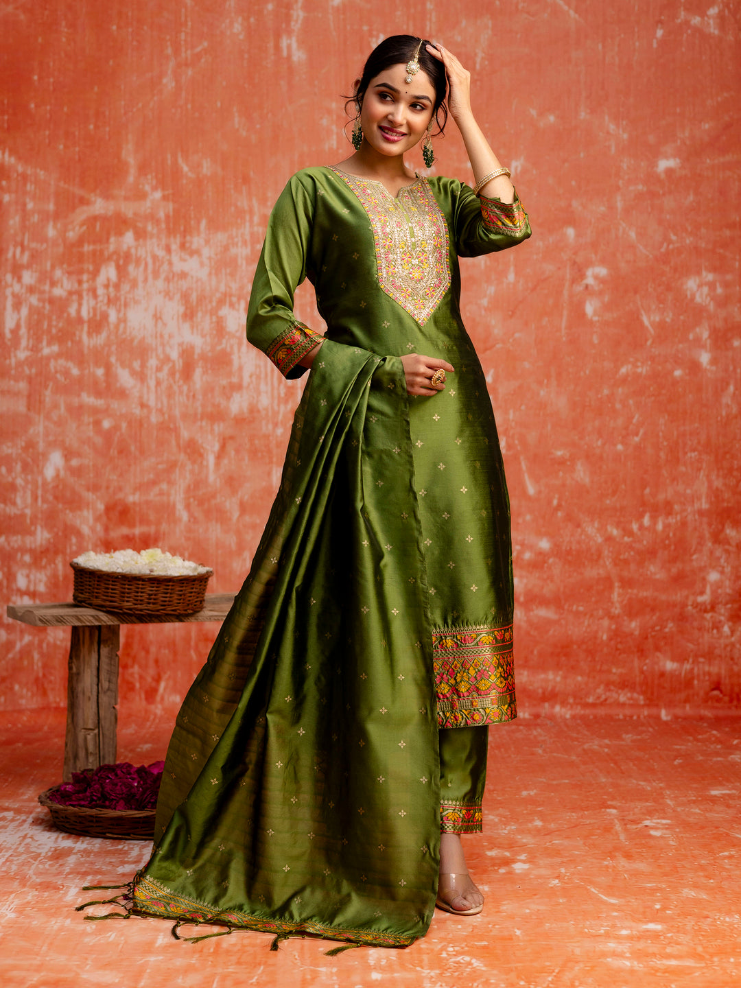 Dhiyona VV Jiya Women Mehndi Yoke Design Silk Blend Straight Suit With Dupatta