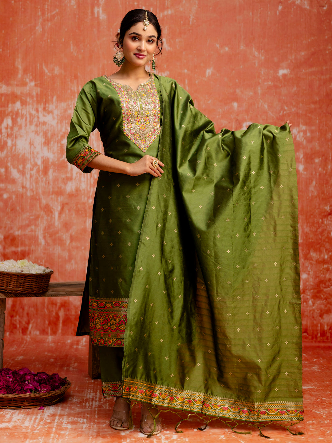 Dhiyona VV Jiya Women Mehndi Yoke Design Silk Blend Straight Suit With Dupatta