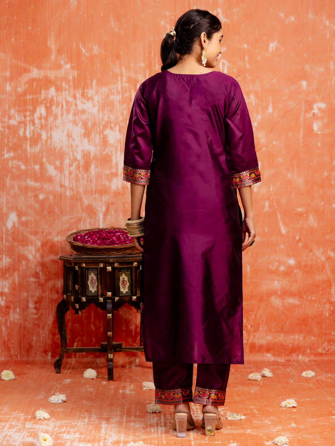 Dhiyona VV Kahani Women Purple Yoke Design Silk Blend Straight Suit With Dupatta