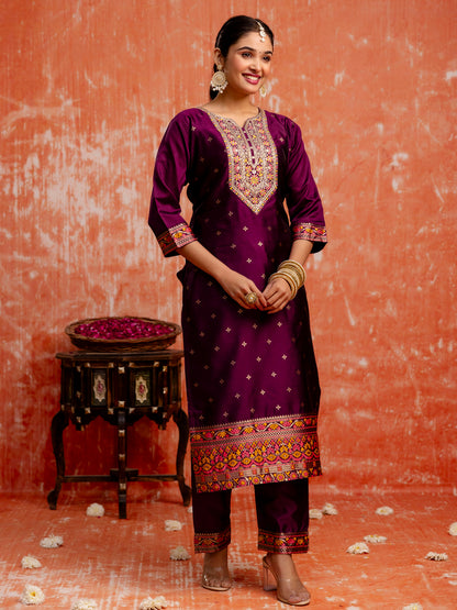 Dhiyona VV Kahani Women Purple Yoke Design Silk Blend Straight Suit With Dupatta