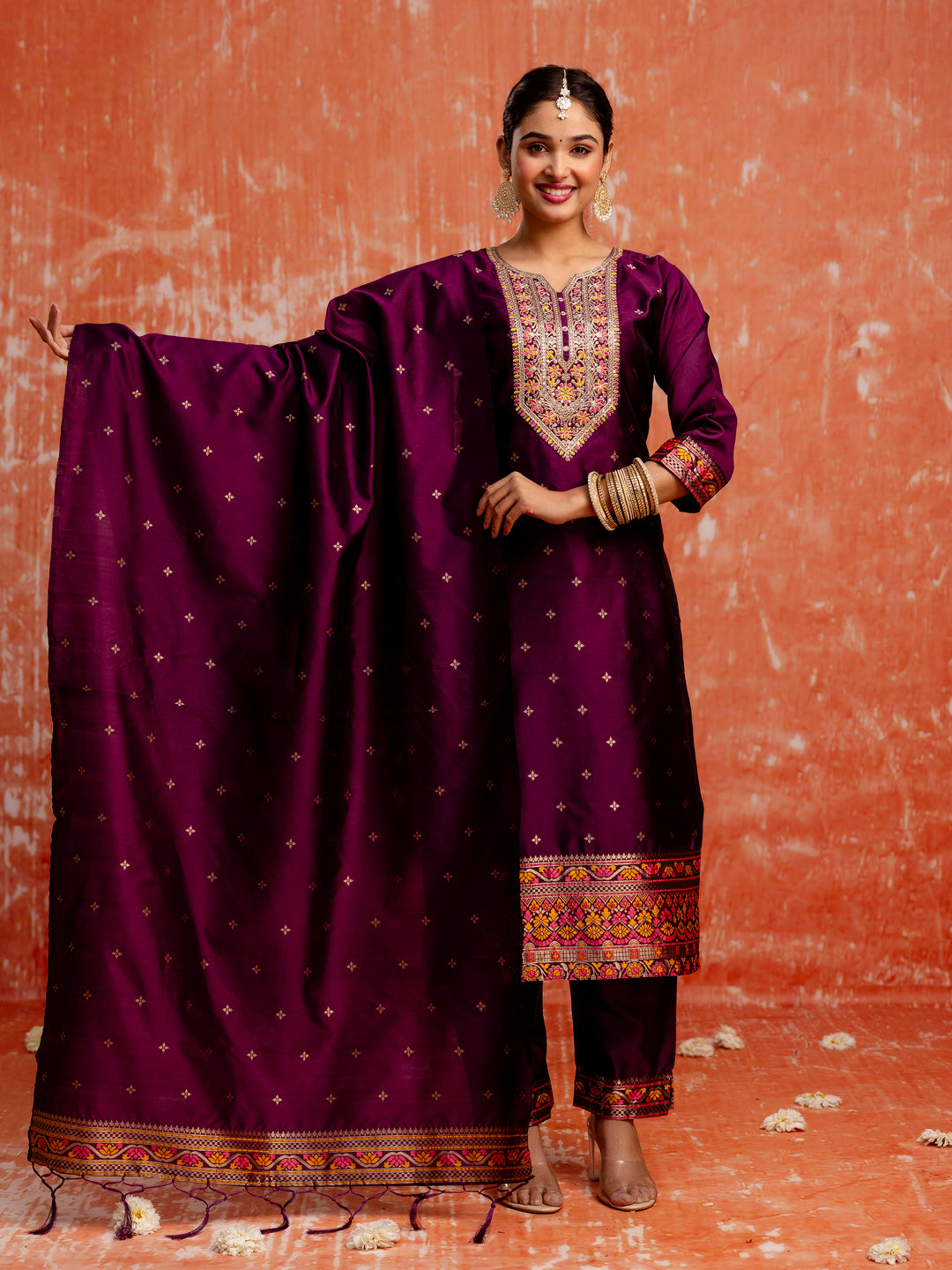 Dhiyona VV Kahani Women Purple Yoke Design Silk Blend Straight Suit With Dupatta